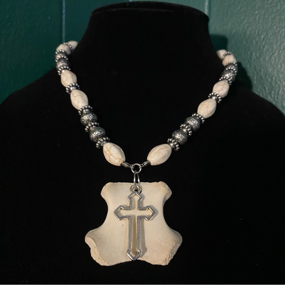 SOLD - Real Deer Bone Beaded Stone Cross Necklace - Picture 4 of 13
